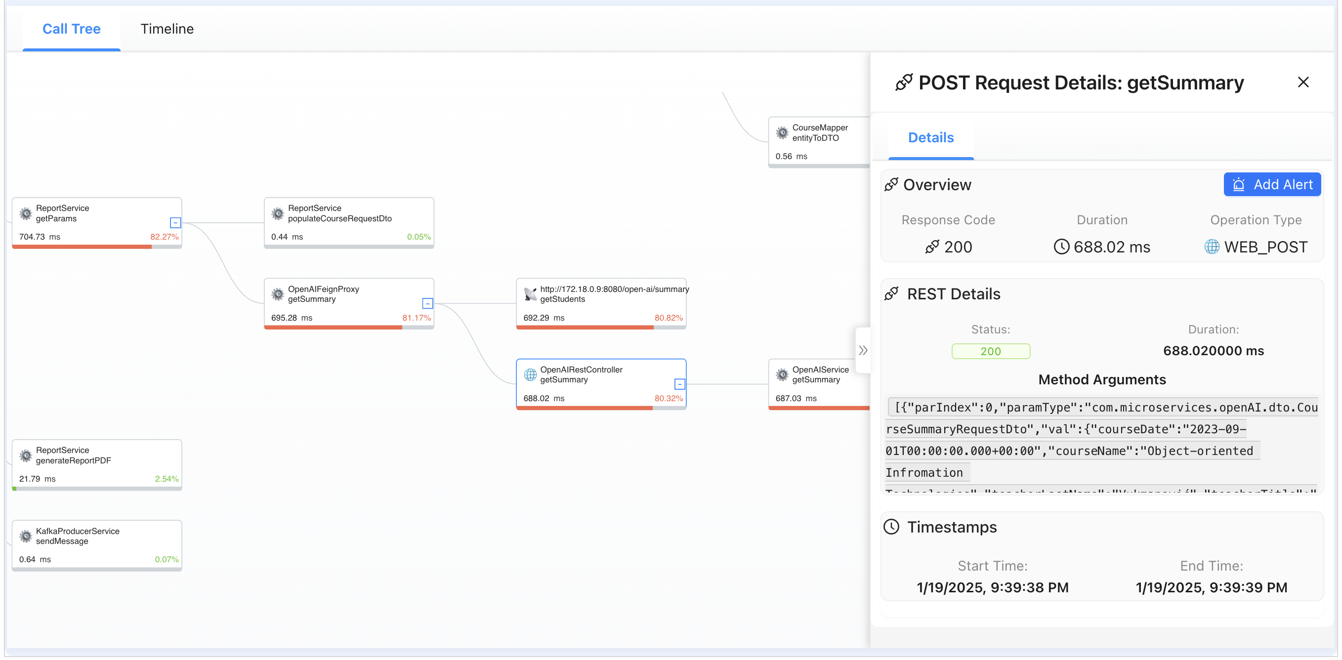 BitDive distributed tracing showing a call tree with multiple service calls, response times, and percentages