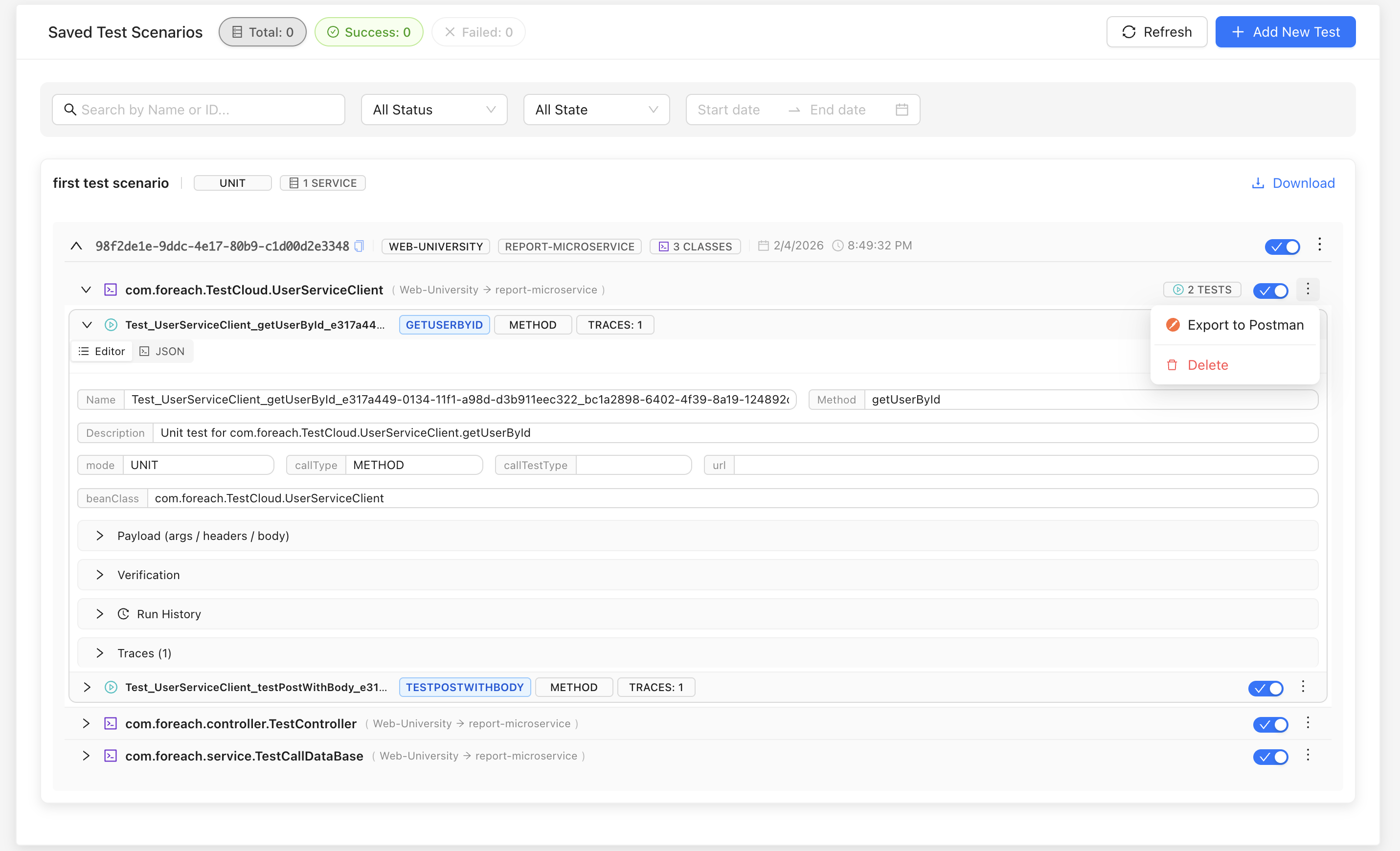 Exporting a specific test class to Postman