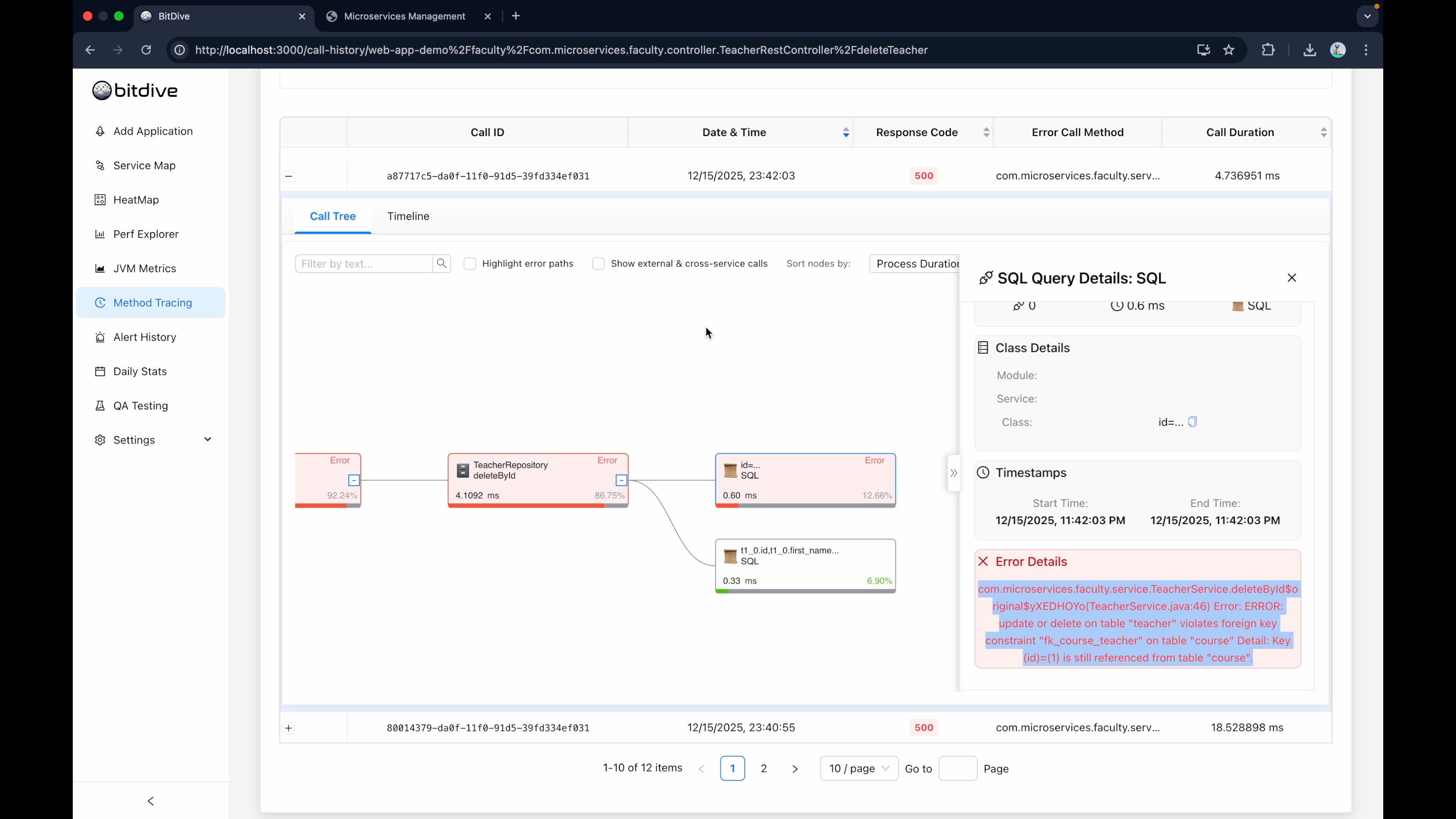 Analyzing SQL performance and debugging database errors in BitDive Method Tracing