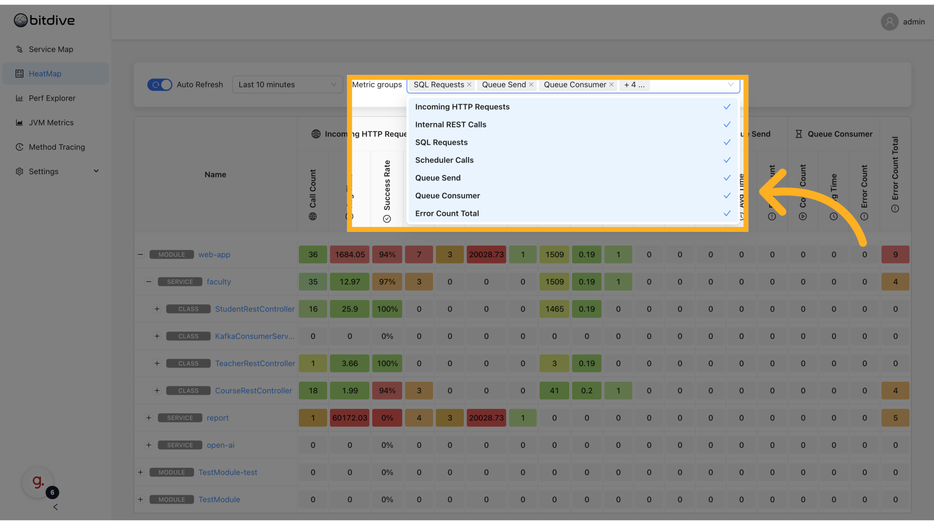 Metric groups panel for toggling different metric types