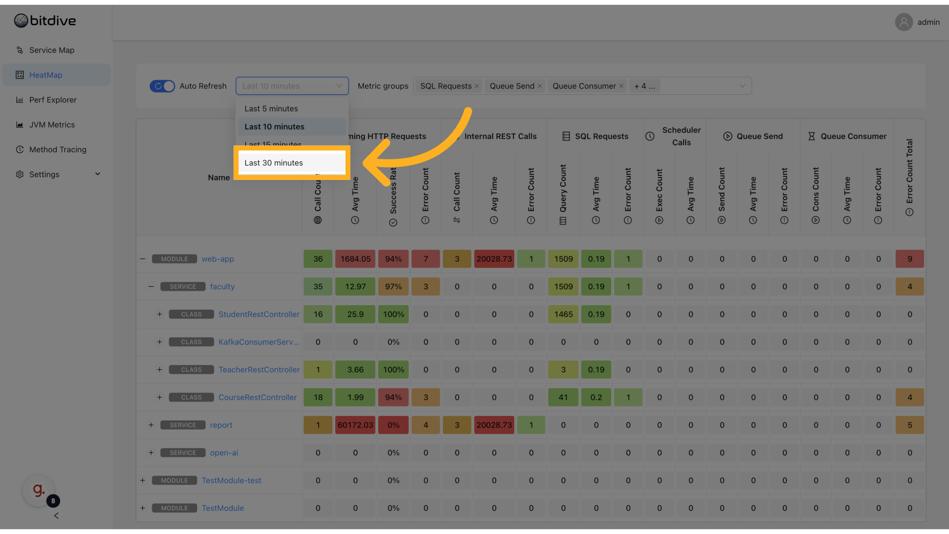 Toolbar showing time range selector and auto-refresh toggle