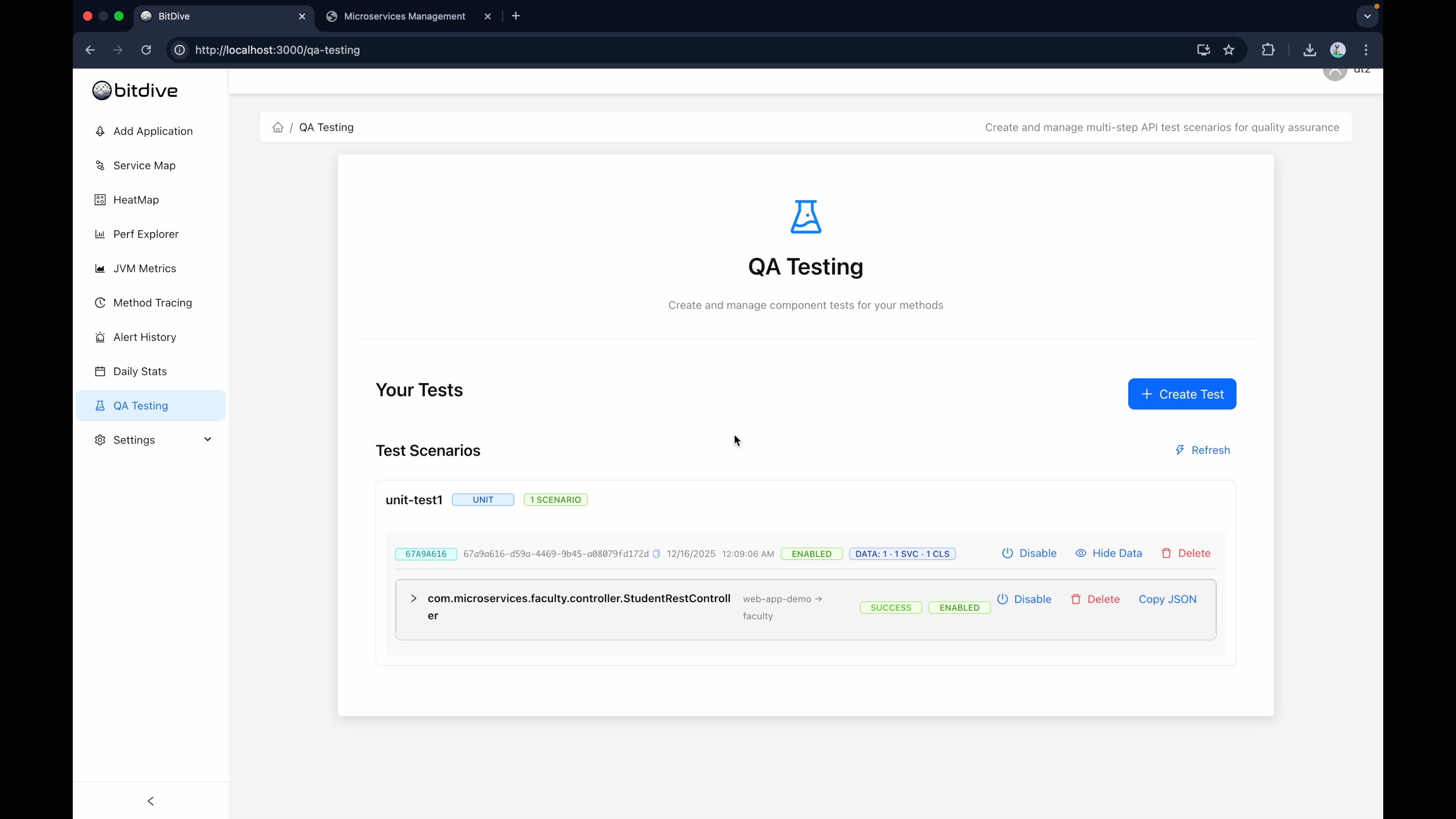 BitDive Unit Test Creation UI for automated regression testing