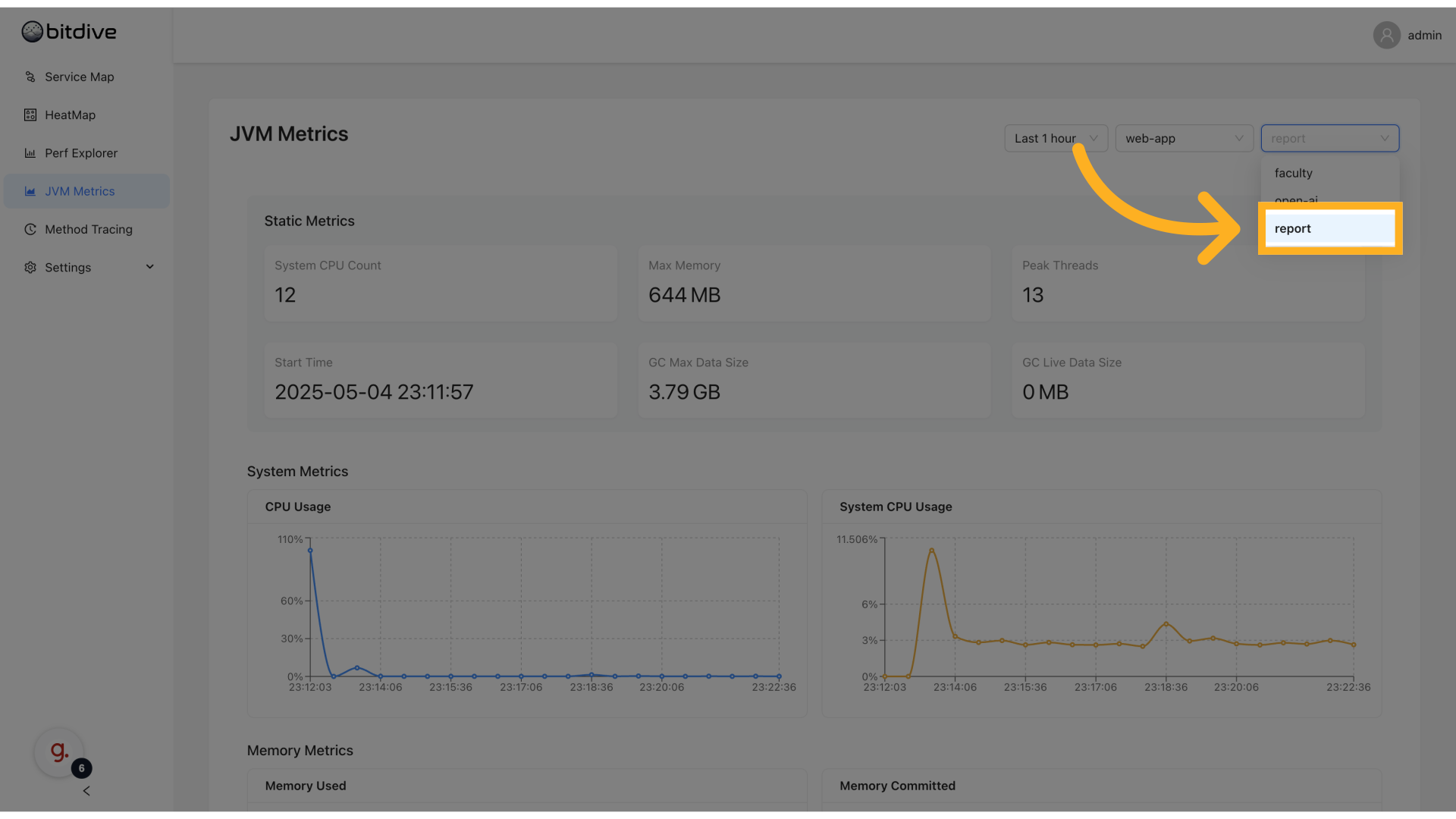 Application and service selector for JVM Metrics
