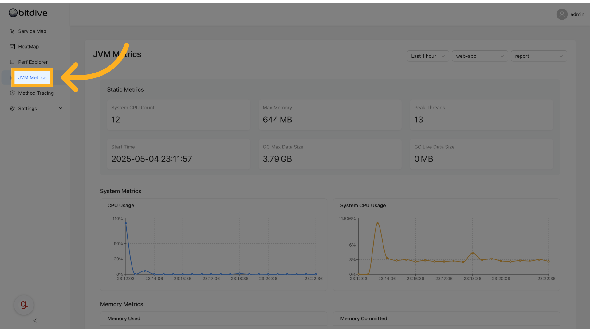 JVM Metrics navigation panel in BitDive