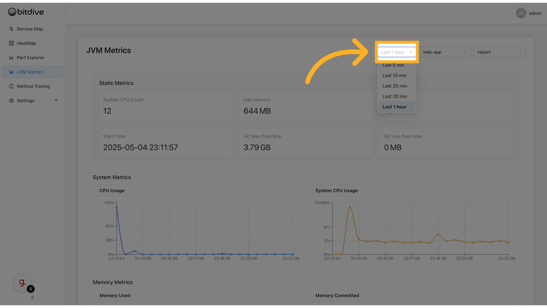 Time range selector and auto-refresh option in JVM Metrics