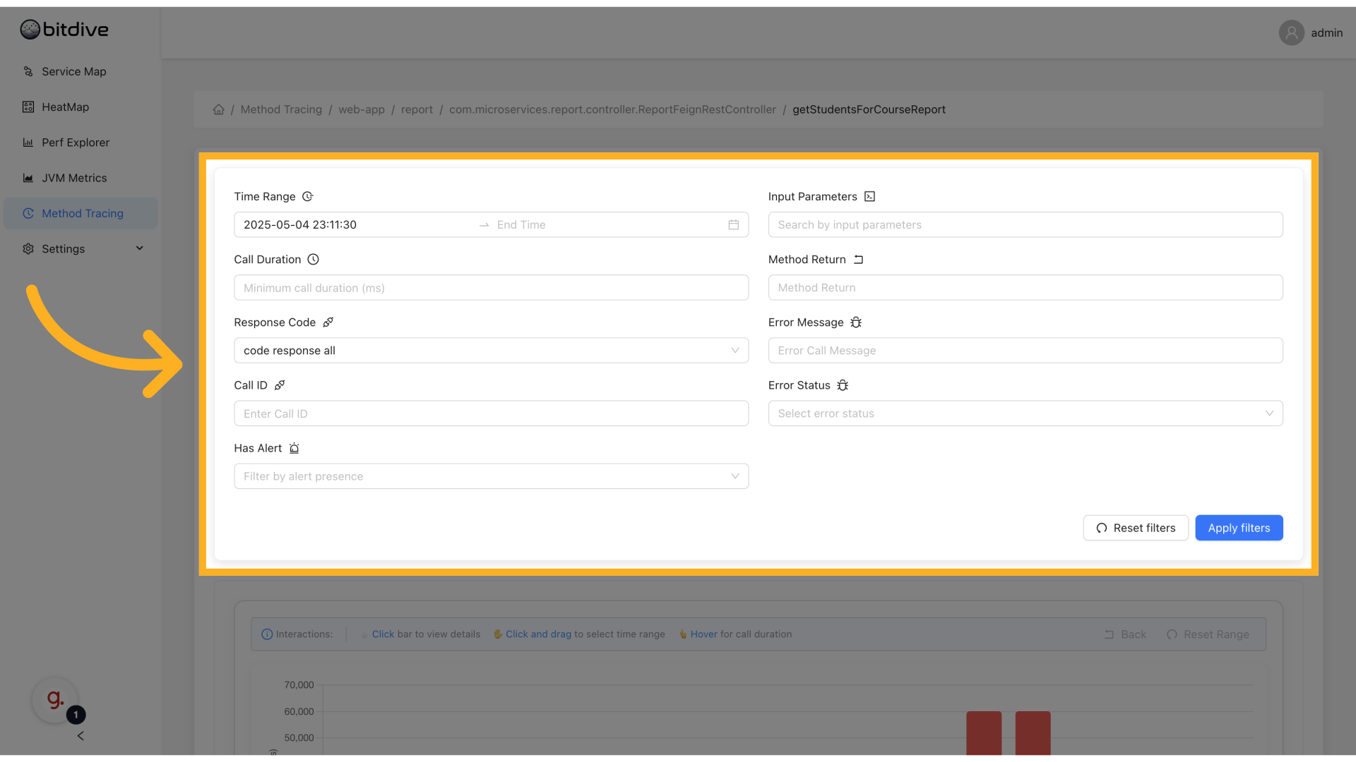 Filter panel with time range, input params, errors and alerts