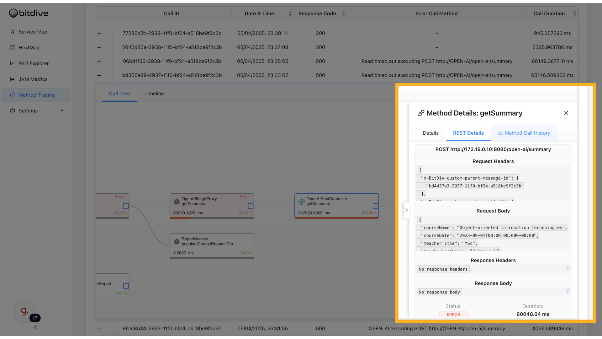 REST call details with globe icon and HTTP metadata