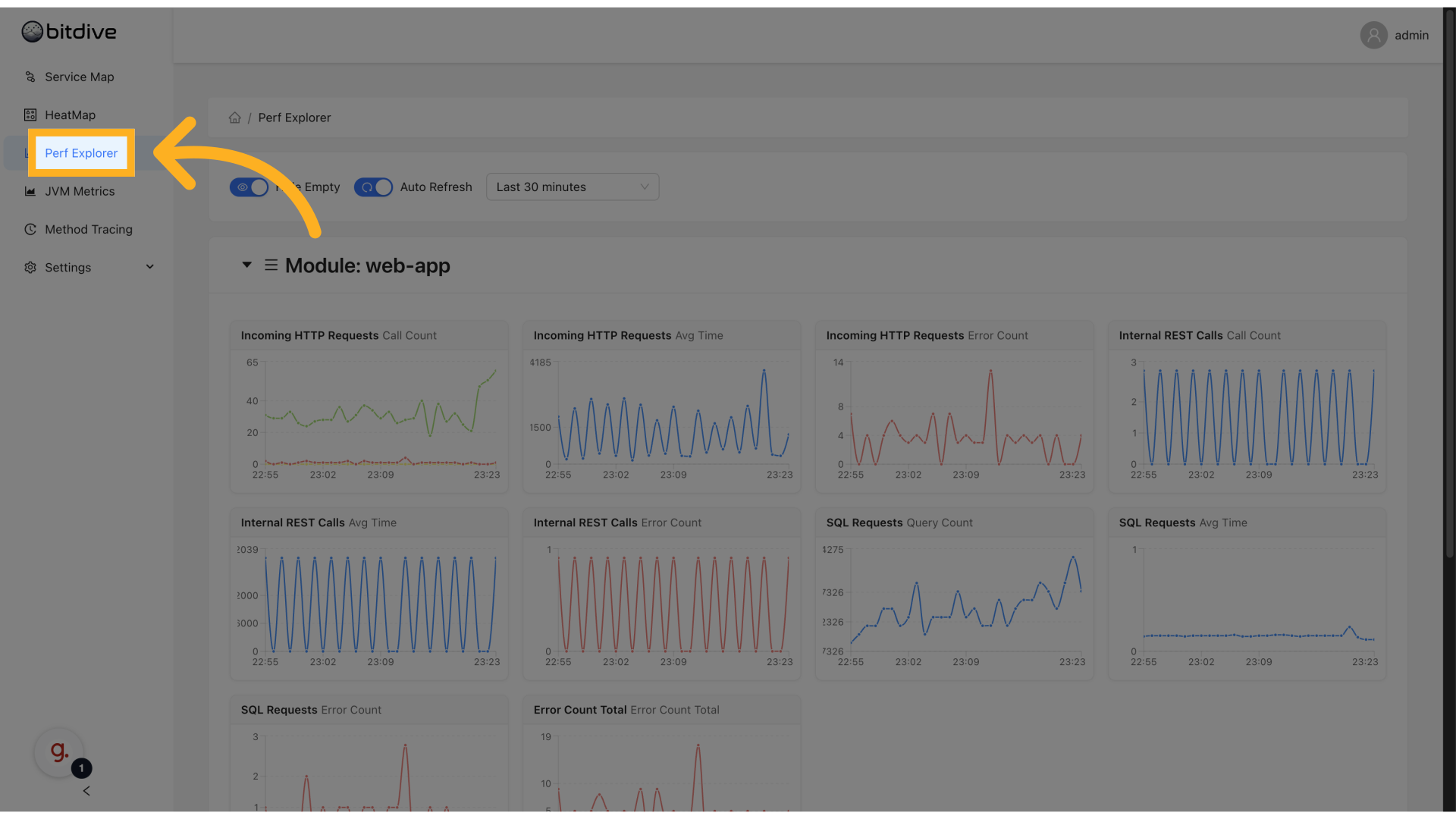 Performance Explorer navigation in the sidebar