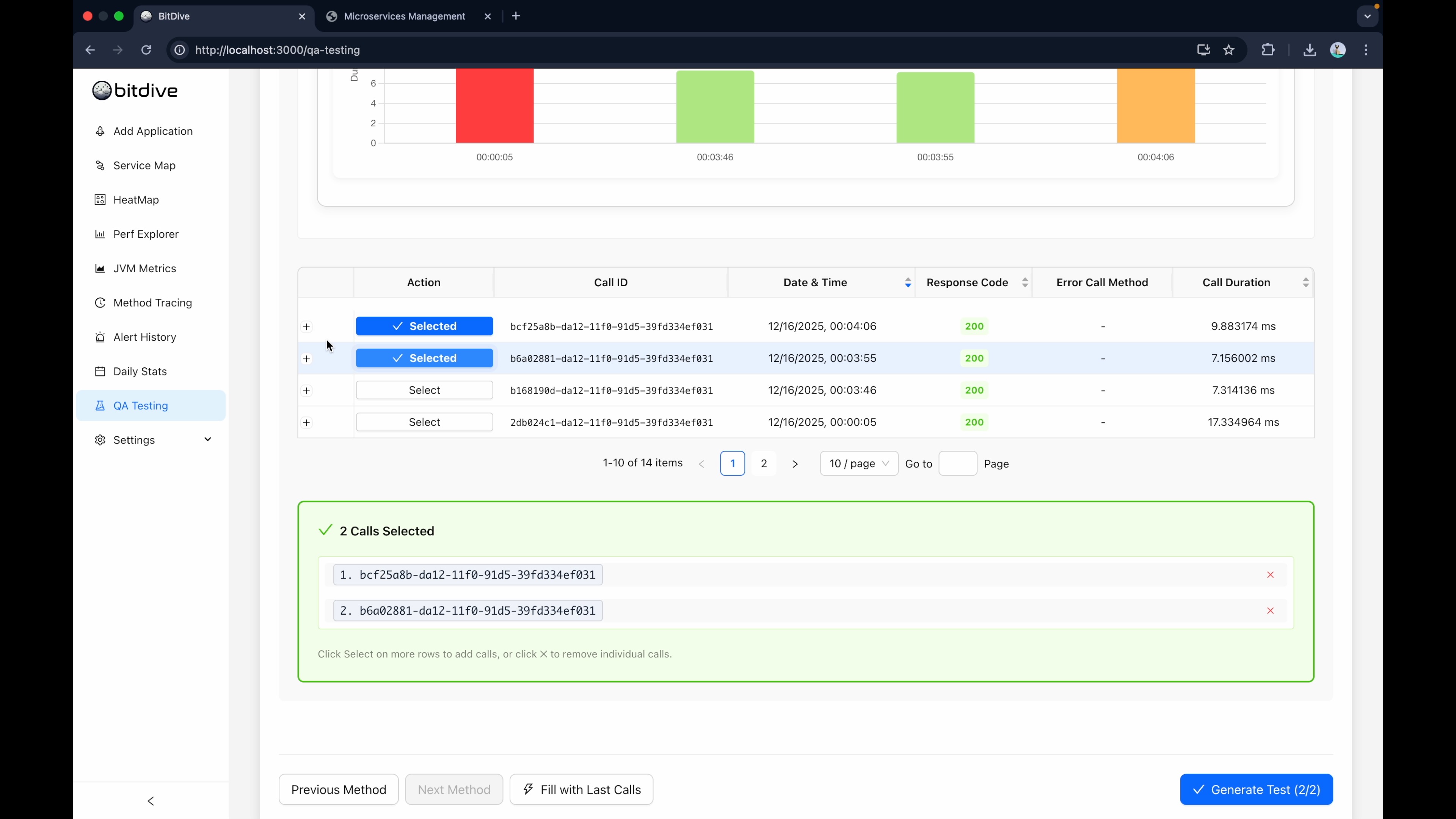 Selecting captured traces in BitDive UI for zero-code unit test creation