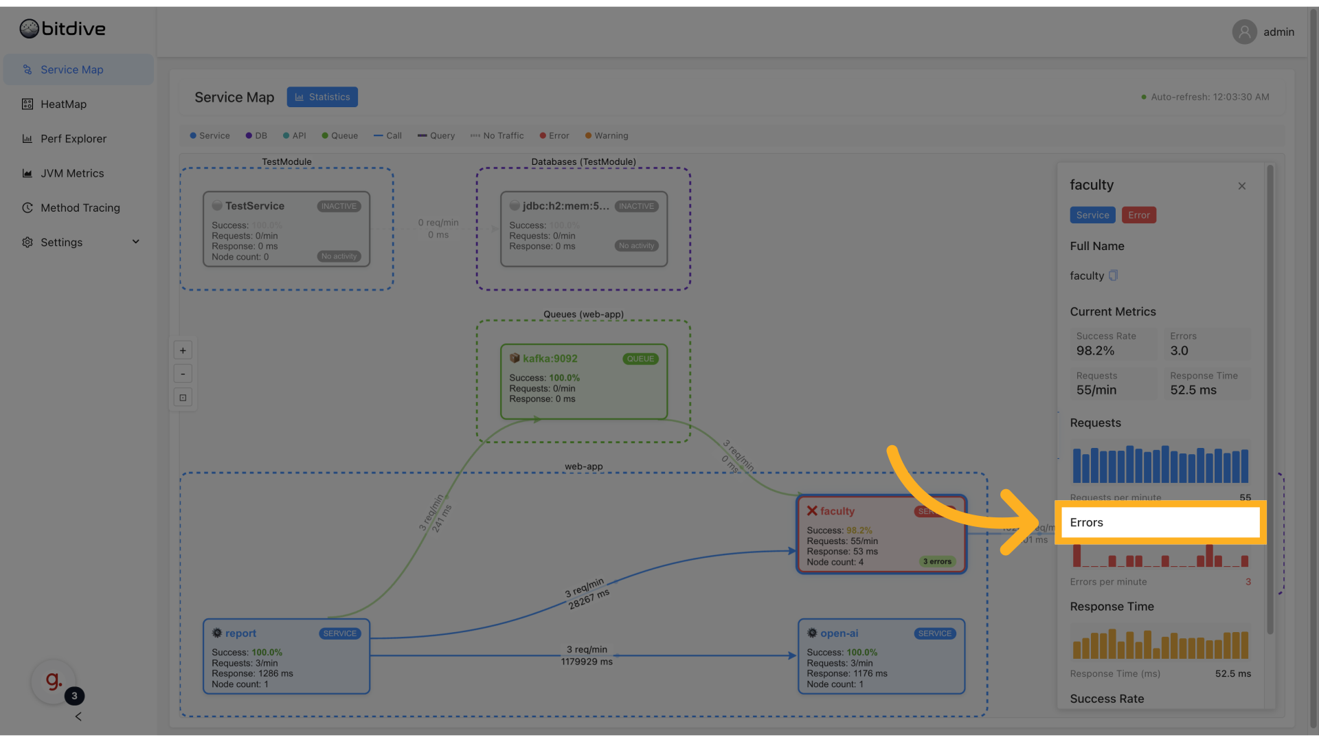 Service statistics panel with success rate and error metrics