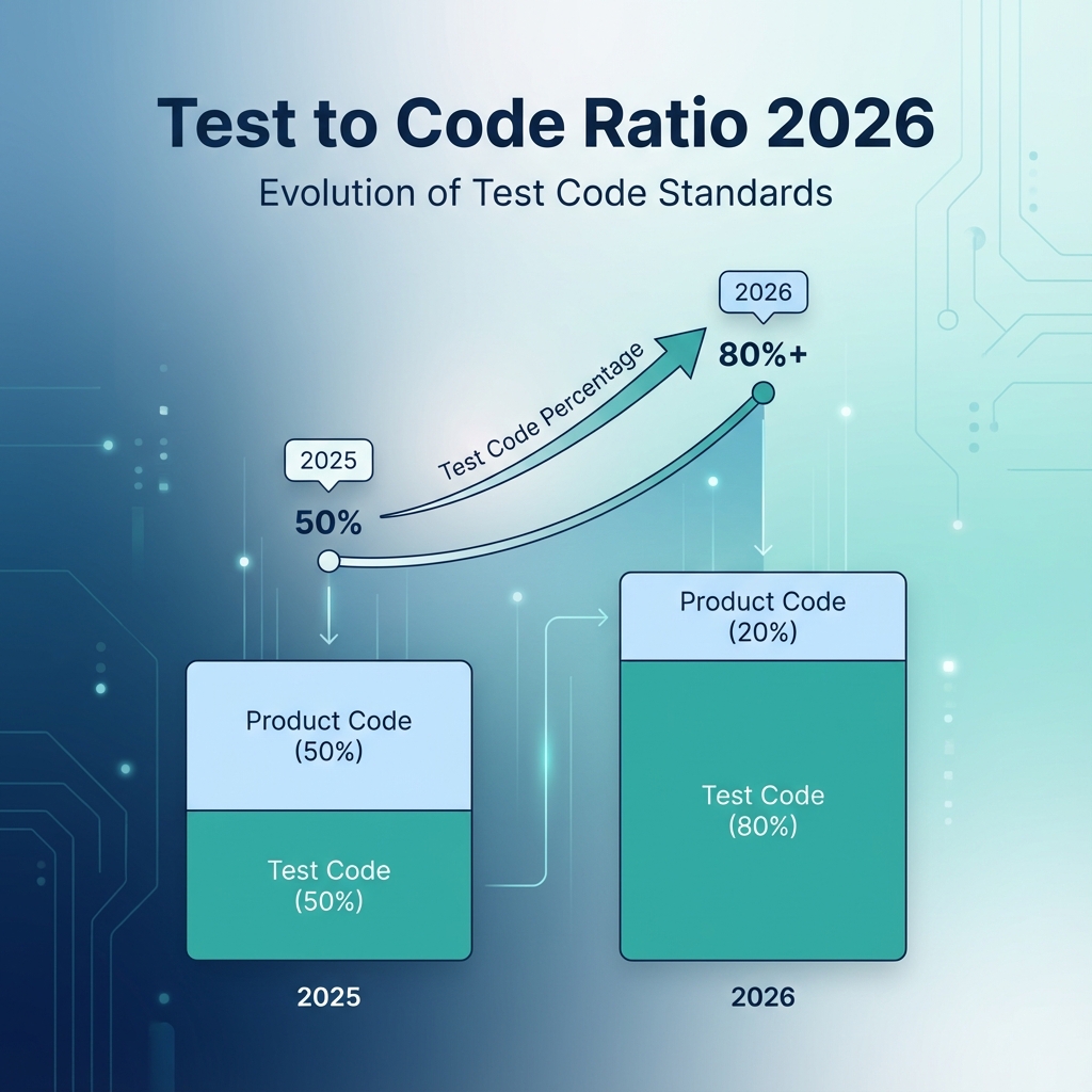 Test to code ratio evolution showing 50% test code as new standard in 2026 for software quality assurance