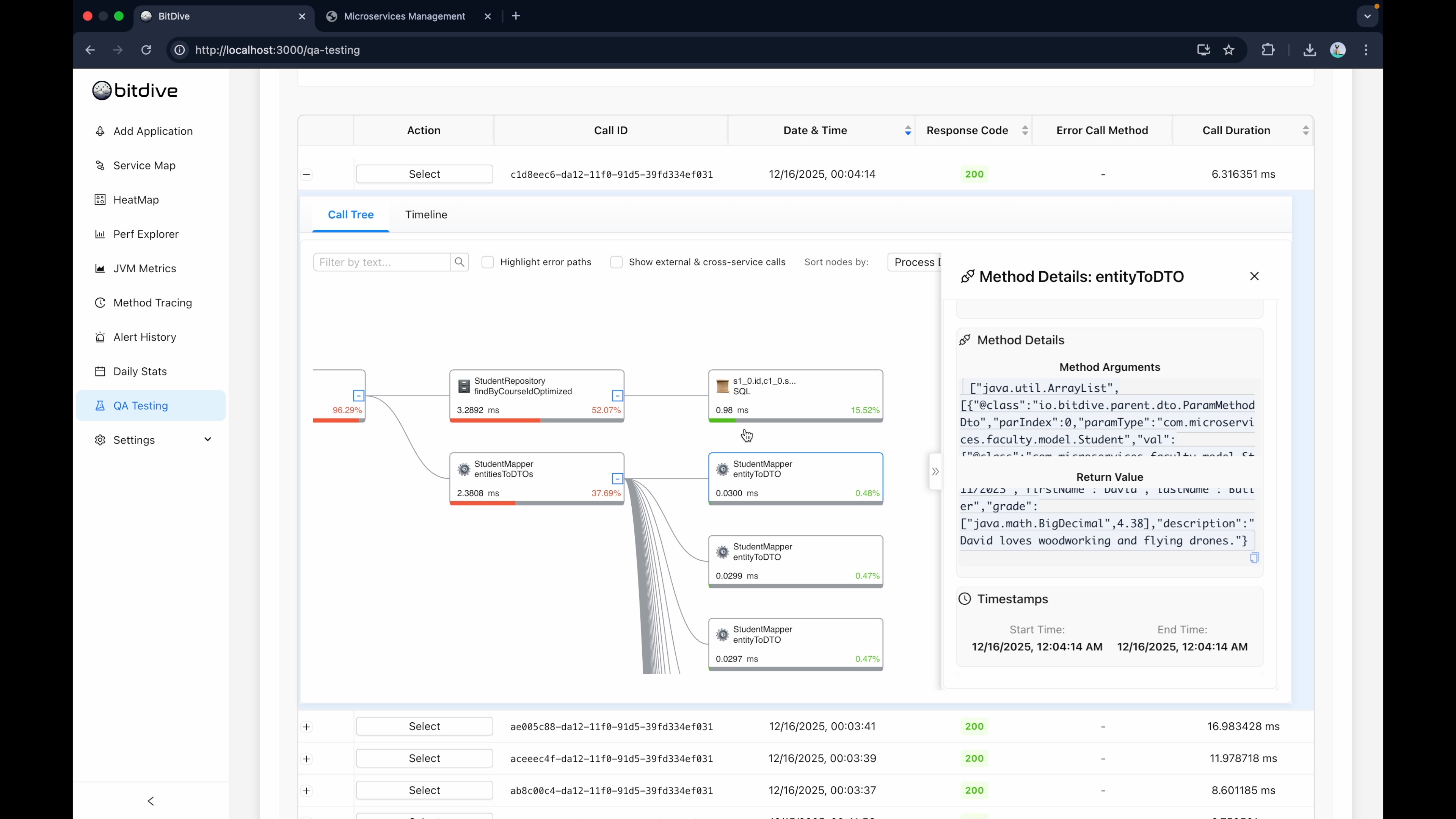 Detailed trace view in BitDive showing input and output parameters for API calls