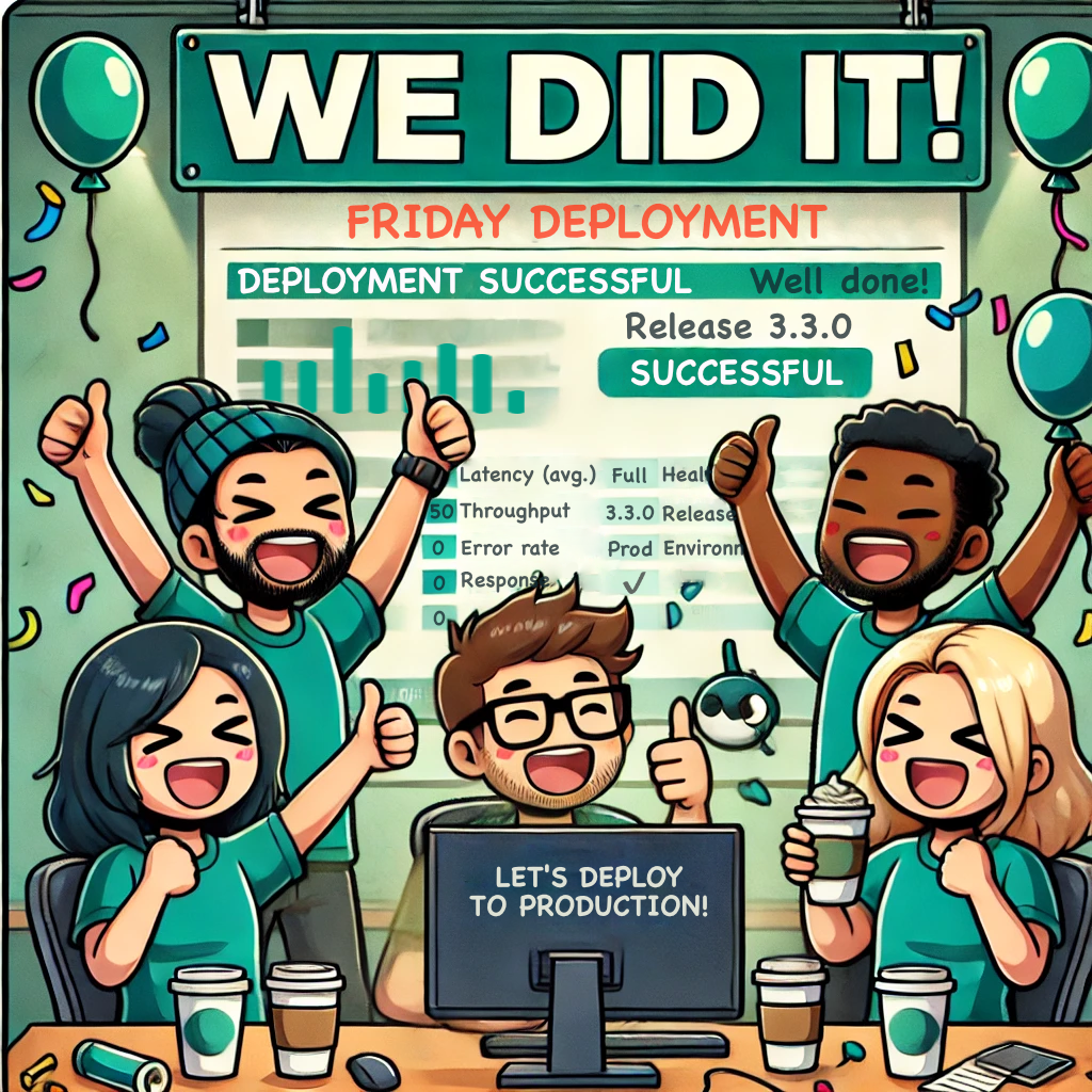 Illustration showing successful deployment metrics and celebration of a smooth Friday deployment