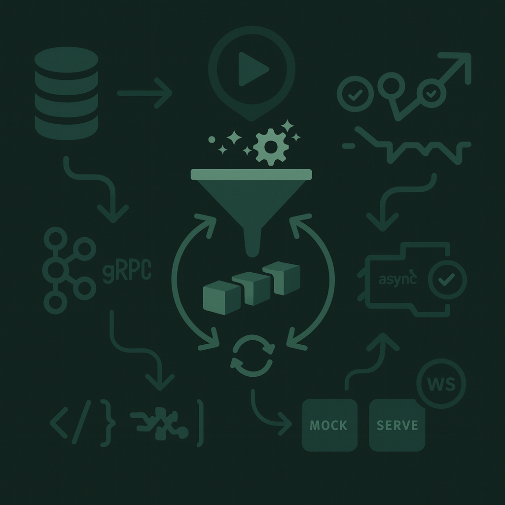 Automated integration testing: data processing pipeline with gRPC, async validation, mocks and services