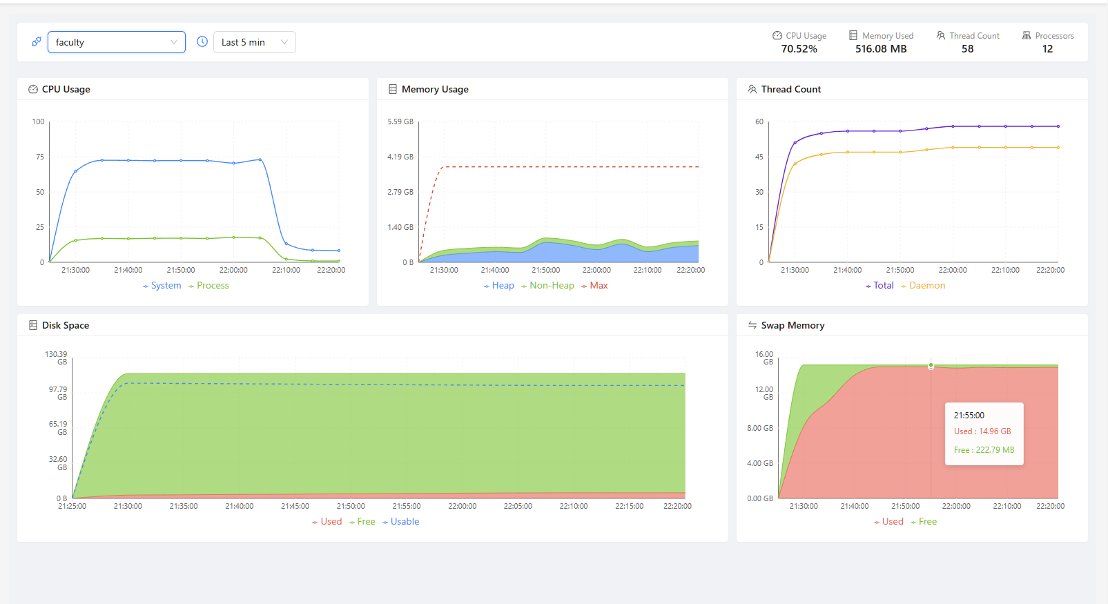 JVM monitoring dashboard displaying real-time graphs of system resources including CPU usage, memory usage, thread count, and disk/swap memory utilization across multiple metrics